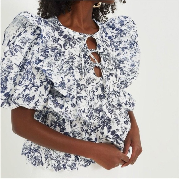 Tuckernuck Hyacinth House Blue Floral Tie Front Blouse M Cottagecore Ruffles - Picture 4 of 8